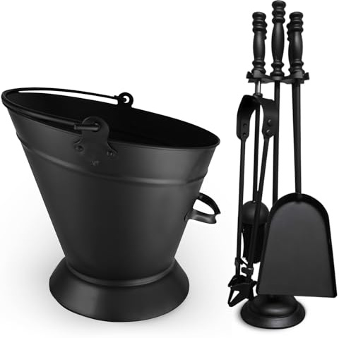 FB FunkyBuys Fireplace Tool Sets - Fireside Companion Set 5 Piece Iron Fireplace Companion Brush, Poker, Shovel, Tong, Waterloo Bucket, Coal Wood Burner (Milan Fireplace + Waterloo Bucket)