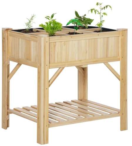 Outsunny Jardinière sur Pieds Carré Potager Étagère 78L x 58l x 81H cm | 6 Compartiments, Feutre Drainage Inclus, Bois Sapin pré-huilé