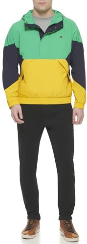 Tommy Hilfiger Giacca a Vento Impermeabile con Cappuccio Taslan retrò Leggera, Verde Acqua/Blu Navy/Giallo, M Uomo