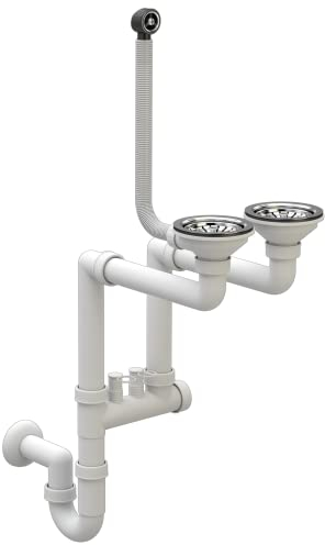 Scarico Lavandino Cucina - Sifone Lavandino - Sifone Lavello Cucina con Attacco per Lavastoviglie - Scarichi 115 mm (3 1/2) - Scarico per 2 vasche - Bianco/Cromo - Classico - Granitan