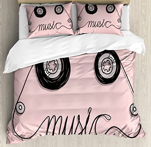 Ambesonne Music Duvet Cover Sets, Music Letters Written by Cassette Tape Loud Improvisation Beat Pulse Tempo Image, Bedding Set with 2 Duvet Covers & 4 Pillowcases, 2 Pack Queen Size, Pink Black