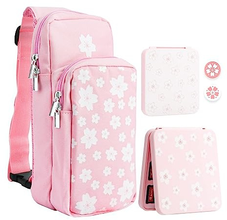 RHOTALL Pink Travel Bag for Nintendo Switch/Lite/OLED/2 ,Large Capacity Portable Carrying Case Compatible for Chest Shoulder Accessories Storage Backpack with12 Slots Game Case,Thumb Grip Caps-Sakura