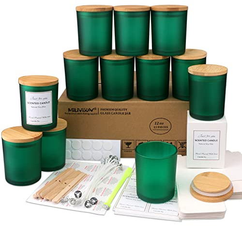 MILIVIXAY Mattgrüne Kerzengläser aus Glas mit Deckeln und Kerzenherstellungs-Sets, leere Kerzengläser im Großpack zum Kerzenmachen, Gewürz- und Pulverdosen, 12er-Pack, 350 ml