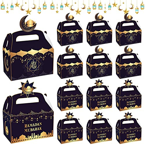 Ramadan Geschenkboxen, 12 Stück Eid Mubarak Geschenktüten Ramadan Deko Papiertüten Geschenkbeutel Candy Tüten, Wiederverwendbare Eid Mubarak Geschenkboxen Tüten zum Befüllen für Kinder und Erwachsene