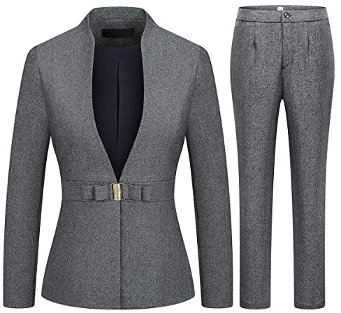 MODFUL Women's Business Pant Suit Set 2 Piece Slim Fit Blazer Jacket One Button Buckle Closure Lady Work Suit for Office (Grey, Medium)