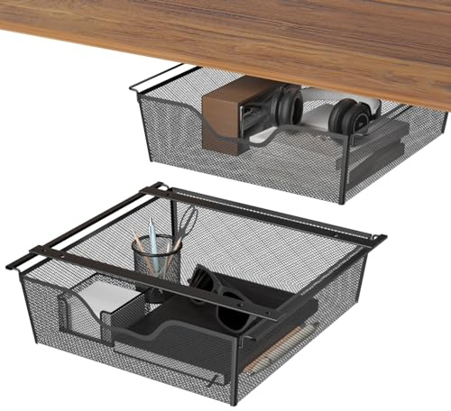 YBING Schreibtisch-Organizer, Unter Tisch Schublade Große Kapazität Veranstalter, Schwarz Metallschublade Untertisch-Aufbewahrungsbox, Versteckte Schubladenboxfür Büro zu Hause Schule, 2 Pack
