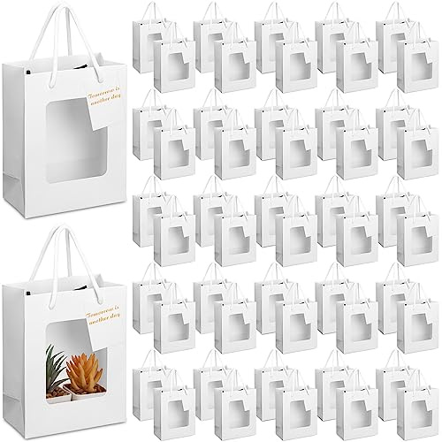Fuutreo Weiße Geschenktüten mit transparentem Fenster, kleine Kraft-Geschenktüten mit Griff und Geschenkanhänger, Papier-Tragetasche, Einkaufstasche für Hochzeit, Valentinstag, 19,1 x 7,6 x 15,2 cm,