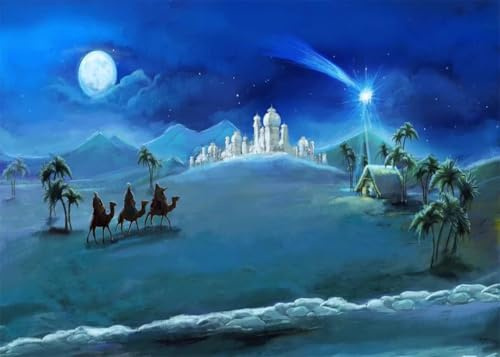 BELECO 4.5x3m Weihnachtskrippenkulisse, Weihnachtsnacht, Sterne, Heilige Familie und die Heiligen DREI Könige, Wüstenschloss, Hütte, Krippe, Geburt Jesu, Kulisse