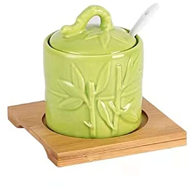 Zuccheriera Cinese Con Coperchio, Barattolo Di Conservazione Di Foglie In Rilievo, Zuccheriera Di Porcellana Verde, Pentola Di Sale Da 200ml / 7oz, for Bar, Ristorante-verde-Singolo 1 vasetto ( Color