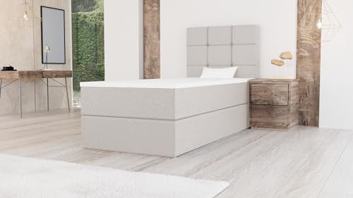 Generisch Moderne Bett MERA MINI Boxspringbett mit Bettkasten Ziernähten Bonell Matratze H3 Federkern Topper Polsterbett Einzelbett Schlafzimmer (80 x 200 cm, Beige : Aura 01)
