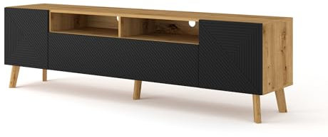 Homlando Lowboard TV Stand, Soft-Close, Beine aus Massivholz, Moderner Fernsehschrank (195 cm) Eiche Artisan und Fronten Schwarz Matt LUXI