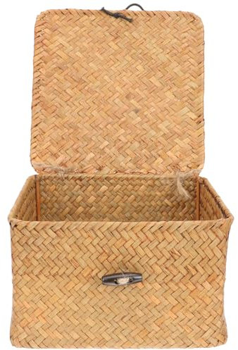SHERCHPRY Cesto portaoggetti quadrato in rattan, cestino in rattan con coperchio, cestino quadrato in vimini, intrecciato a mano, per scrivania, decorazione per la casa (16 x 16 x 9 cm)