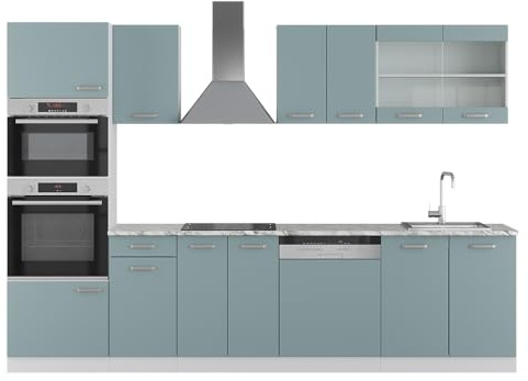 Vicco Küchenzeile R-Line, Blau-Grau, 300 cm | 8 Module · Höhenverstellbare Füße · Ohne Arbeitsplatte · Robuste Fronten · Mit Backofen-/Mikrowellenschrank