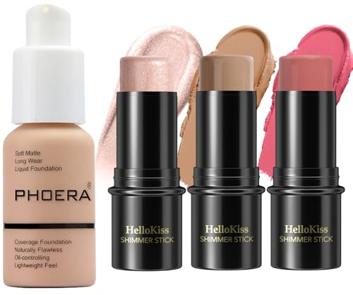 PHOERA Foundation, 3Pack Contour Stick Makeup Set, Farbtöne mit Highlighter-Stick, Rouge-Stick und Bronzer Contour (103+ Fair-Light Contour/Warm peach+#03,#09,#12, 130.00 g (1er Pack))