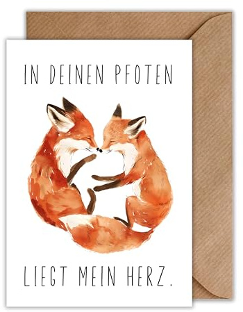 WBdesignz Liebeskarte Partner Jahrestag Karte mit Umschlag - In deinen Pfoten liegt mein Herz Beziehung Karte Ehemann Ehefrau Partnerschaft Valentinstag Karte Fuchs (DIN A6)