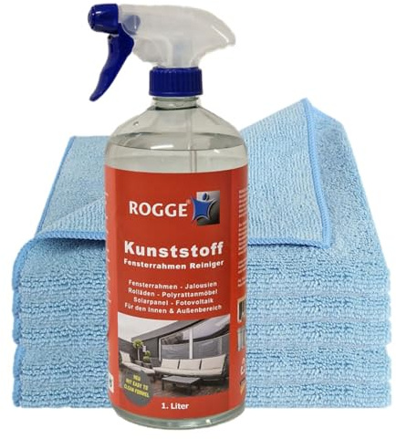 ROGGE Kunststoff Fensterrahmen Reiniger Set inkl. 5x SUPER SOFT Microfasertücher 40x40cm Soft. 1Liter gebrauschsfertiger Reiniger für abwaschbare Kunststoff, Rolläden, Jalousien, Fenster-, Rahmen.