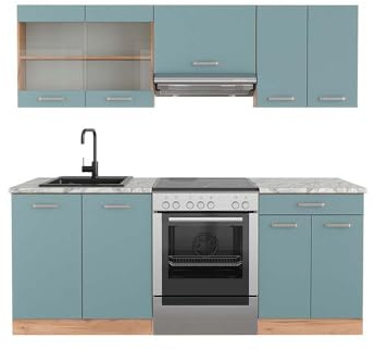 Vicco Küchenzeile R-Line, Küchenblock, Blau-Grau/Goldkraft Eiche, 200 cm, AP Marmor