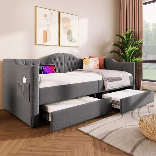 Dolamaní Divano letto, larghezza 200 cm, per camera dei ragazzi, poltrona a 3 posti, con funzione letto e funzione sonno, cassettiera con 2 cassetti (grigio, 90 x 200 cm)