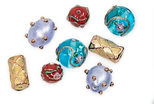 8 Stück Mix aus böhmischen Lampwork tschechischen Glasperlen mit Perlen verzierten Perlen, modernes Lampwork-Design und runde Blumenperlen, LW 002