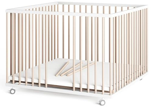 Sämann Laufstall Baby mit Matratze Cloud Air und Schlupfsprossen | TÜV geprüft | stufenlos höhenverstellbar | Laufgitter Premium | Babybett aus Holz | Krabbelgitter (weiß/natur, 100x100 cm)