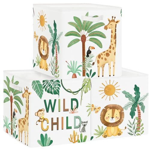 HUUMONSS 30cm Boîtes de Rangement Lot de 3 Bohème Animaux Livres Rangement de Vêtements pour Placard Étagères Coffre à Jouets Enfant Tropicales Lion Girafe Palmes