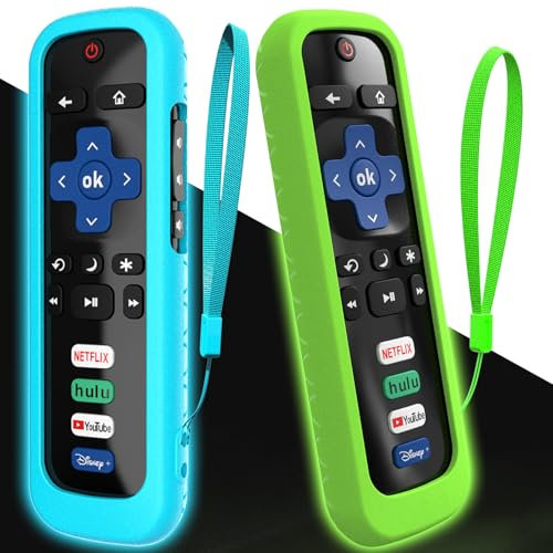 2-pack skydd för Roku Stick fjärrkontroll, fodral kompatibelt med Hisense TV-kontroll, silikonfodral för TCL smart TV kontrollhållare lyser i mörkgrön, blå