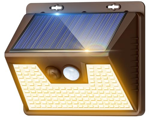 Solar Lights Outdoor 1 Pack, 140LED/3 Modes Motion Sensor Lights Solar Powered, Wireless IP65 Waterproof Outdoor Wall Lights, Bright for Deck Fence Patio Front Door, Warm Light (Brown)