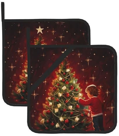 Set di presine con stampa albero di Natale incandescente – presine resistenti al calore e cuscinetti riscaldanti per cottura, grigliate e barbecue