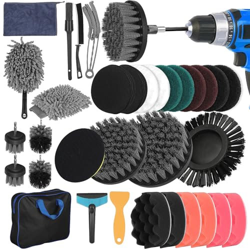 YOCOLE 32 Stück Bürstenaufsatz Akkuschrauber Bohrmaschine, Drill Brush Set, Bürste Bohrbürste Kit Power Scrubber Reinigungsbürste für Felgen, Teppich, Badezimmer, Auto, Fliesen, Boden