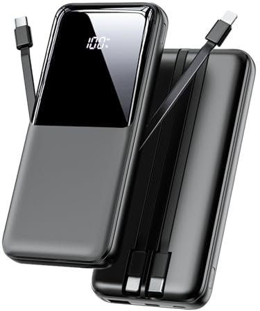 Power Bank Fast Charging, 15000mAh Portable Charger, USB-C Powerbank with Built-in Cables & LED Display & 4 Outputs, Battery Pack Compatible with iPhone 16 15 14 13 Android and more, Black