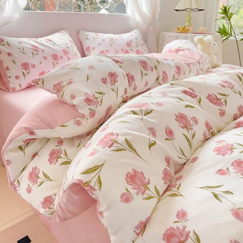 Michorinee Bettwäsche 135x200 2teilig Weiß Rosa Blumen Blätter Pflanzenmuster Bettbezug Blumenmuster Aesthetic Mikrofaser Weich Renforcé Wendebettwäsche Set mit Kissenbezüge 80x80cm und Reißverschluss