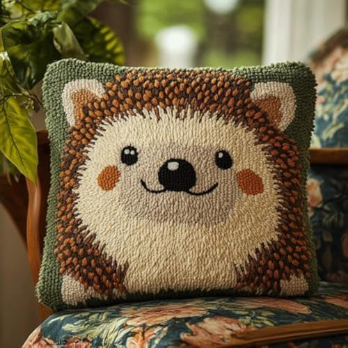 ANSIWEIGO Kit Point Noué Coussin,Crochet De Verrouillage Kits De Coussins Avec Crochet,Tapis Point Noué À Faire,Coussin Au Point Noué(Hérisson Mignon),17x17 pouces