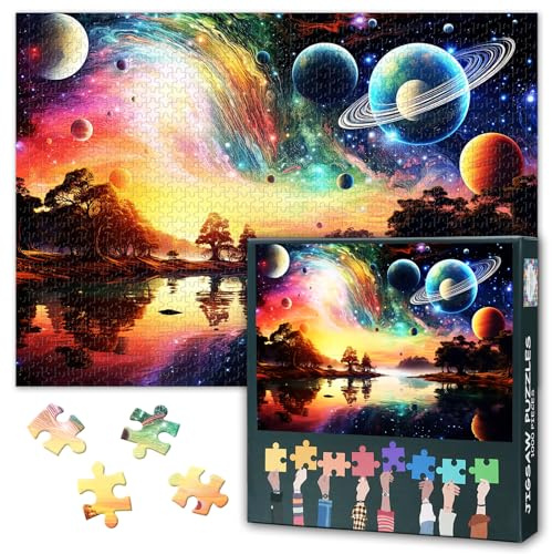 Sceneries 1 000 stycken pussel för vuxna, fantasilandskap med planet och träd på sjöstranden jigsaw pussel, fantastiska landskap, impossible pussel, 50 x 70 cm