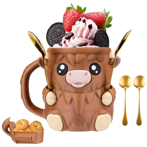 Pipihome Highland Ice Cream Holder, 3D Print Ice Cream Tubs Highland Cow | Cute Icecreams Cups Cooler Container with 2 Spoon & Secret Drawer, Gifts for Highland Cow Lovers Birthday