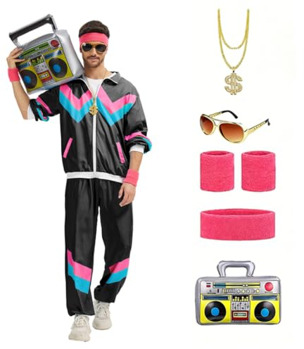 80-tal 90-tal kläder män kvinnor retro träningsdräkt, disco hel kropp kostym hiphop sportkläder set, joggingdräkter, streetwear träningsdräkt, modekostymer (svart, S)