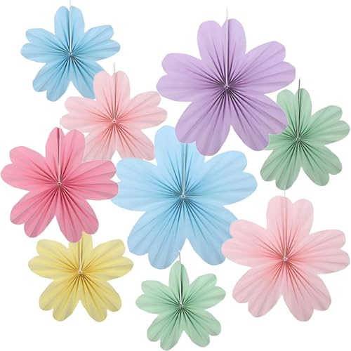 9Pcs Paper Flowers Decorations, Pastel Birthday Decorations for Paper Fan, Perfect for Birthday Parties , Marriage, Floral Party, Mother’s Day & Summer Celebrations