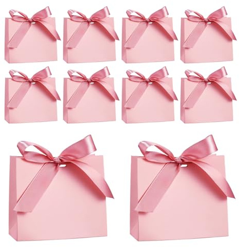 OUDQFCJ Lot de 10 Mini Sacs Cadeaux avec Rubans, Sacs en Papier pour Noël, Fête, Anniversaire, Mariage (11,5 × 4,5 × 10 cm) (Rose)