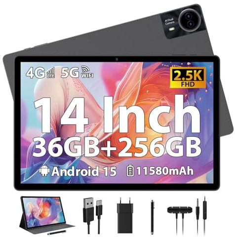 RUSHAR Tablette 14 Pouces Android 15 avec 36Go RAM +256Go ROM (1TB TF), 4G LTE/SIM+5G WiFi, 11580mAh |2240 * 1400HD | Octa-Core | 13MP+8MP | Face ID | BT 5.0 | GPS, Tablette Tactile avec étui, Gris