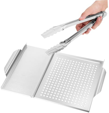 EPIGEIST Bandeja para Barbacoa de Acero Inoxidable con Pinzas de Comida Bandeja Parrilla con Mango Doble para Asar Mariscos Verduras y Carnes Resistente y Fácil de Usar