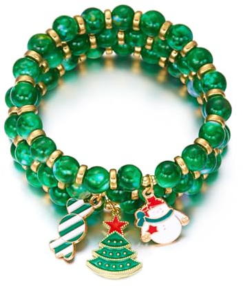 XFSRG 3 Stück Weihnachten Perlen Armbänder Damen mit Weihnachtselemente Anhänger Elastisch Stapelbar Festliches Charm Armband für Weihnachtsfeiern (Grün)