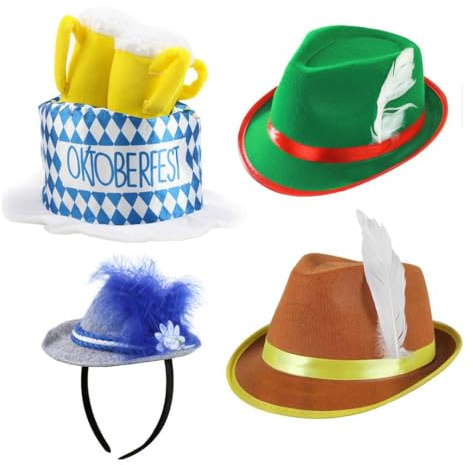Adults Oktoberfest Accessory Set - Green & Brown Bavarian Hats with Feathers, Beer Stein Hat, Grey Sepple Hat on Headband - Mens Womens Oktoberfest Fancy Dress Costume Accessory Set