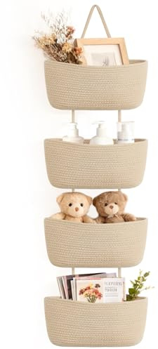 Dahey Over The Door Hanging Basket 4-Tier Woven Boho Wall Mounted Storage Organizer with Hooks for Bedroom Nursery Bathroom Apartments Dorm Pantry Decor, Jute