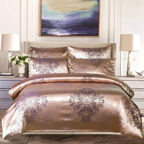YOUGANG Satin Duvet Cover Single/Double/King Size, Floral Jacquard Comforter Cover Set with Pillowcase,Luxury Silk Like Bedding Set with Zipper Closure (Rose Gold,Single)