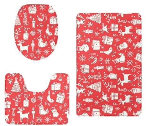 Badezimmerteppich Set 3 Teilig Beige Rote Weihnachten WC Teppich Schnell Trocknend Badvorleger rutschfest Badgarnitur 3 Teilig Stand WC Waschbar Bad Teppiche Set Dekoration 50x80 cm