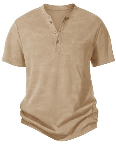 heekpek Men's Henley T-Shirts Cotton Short Sleeve T Shirt Regular Fit Summer Classic Casual Tops Crew Neck Fashion T Shirts with Buttons Basic Tee(Khaki,XL)