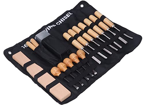 HUSHUI Set di Utensili per Intaglio del Legno da 16 Pezzi, Kit di Scalpelli per la Lavorazione del Legno in Acciaio con Manico in Duro per Intaglio del, Secchi per,