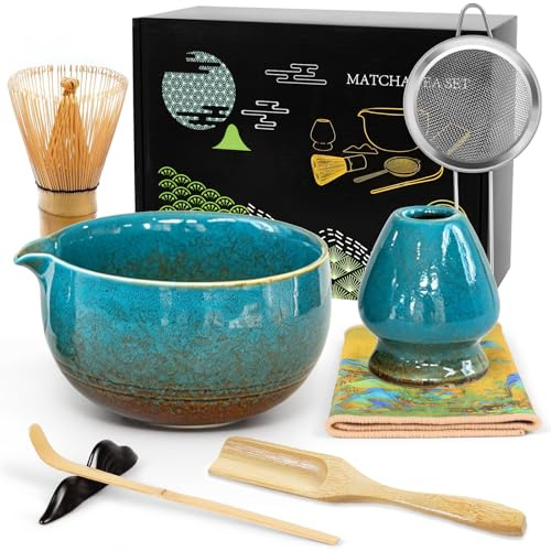 Matcha Kit 8 Piezas - Kit Té Matcha Completo con Tazón de Matcha con Pico, Batidor de Bambú (Chasen) y Accesorios Completos, Perfecto para Ceremonias Japonesas y Lattes Caseros (Elazul)
