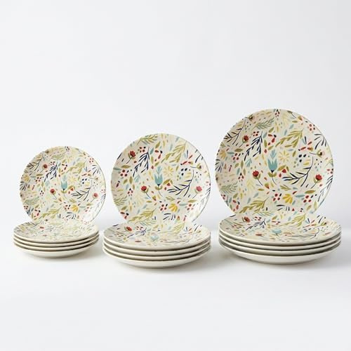 SANTA CLARA | Vajilla Completa 12 Piezas Cerámica Stoneware Redonda para 4 Personas, Apta Microondas y Lavavajillas, Vajilla Julia con Diseño Floral para Hogar y Cocina