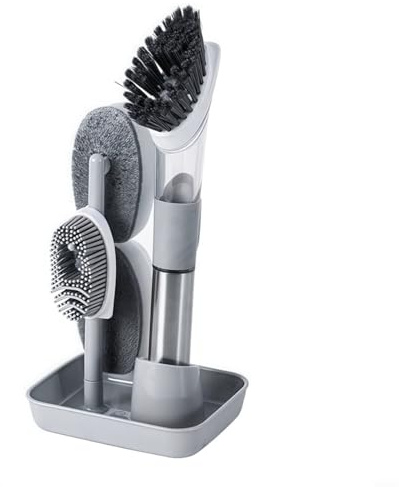 4-in-1 Küchenreinigungsbürste mit Seifenspender, Langer Griff Spülbürste aus Kunststoff und Edelstahl, Automatischer Seifenaustritt für Geschirr, Herd und Fliesen, 28,5 cm, Blau(Gray)