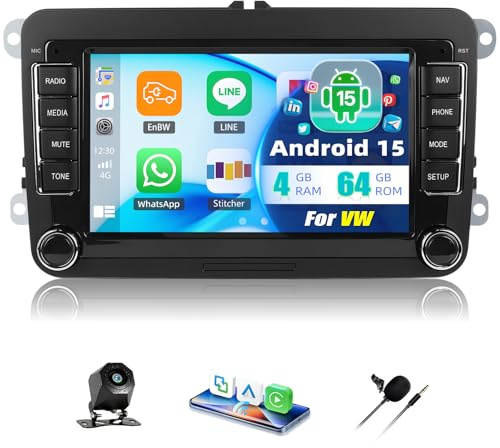 4+64GB Android 15 CarPlay Android Auto Autoradio für VW Golf 5 Golf 6 Passat Jetta T5 EOS Polo Touran Seat Sharan 7 Zoll Autoradio Mit Bildschirm Bluetooth FM RDS GPS WLAN SWC EQ Rückfahrkamera Canbus